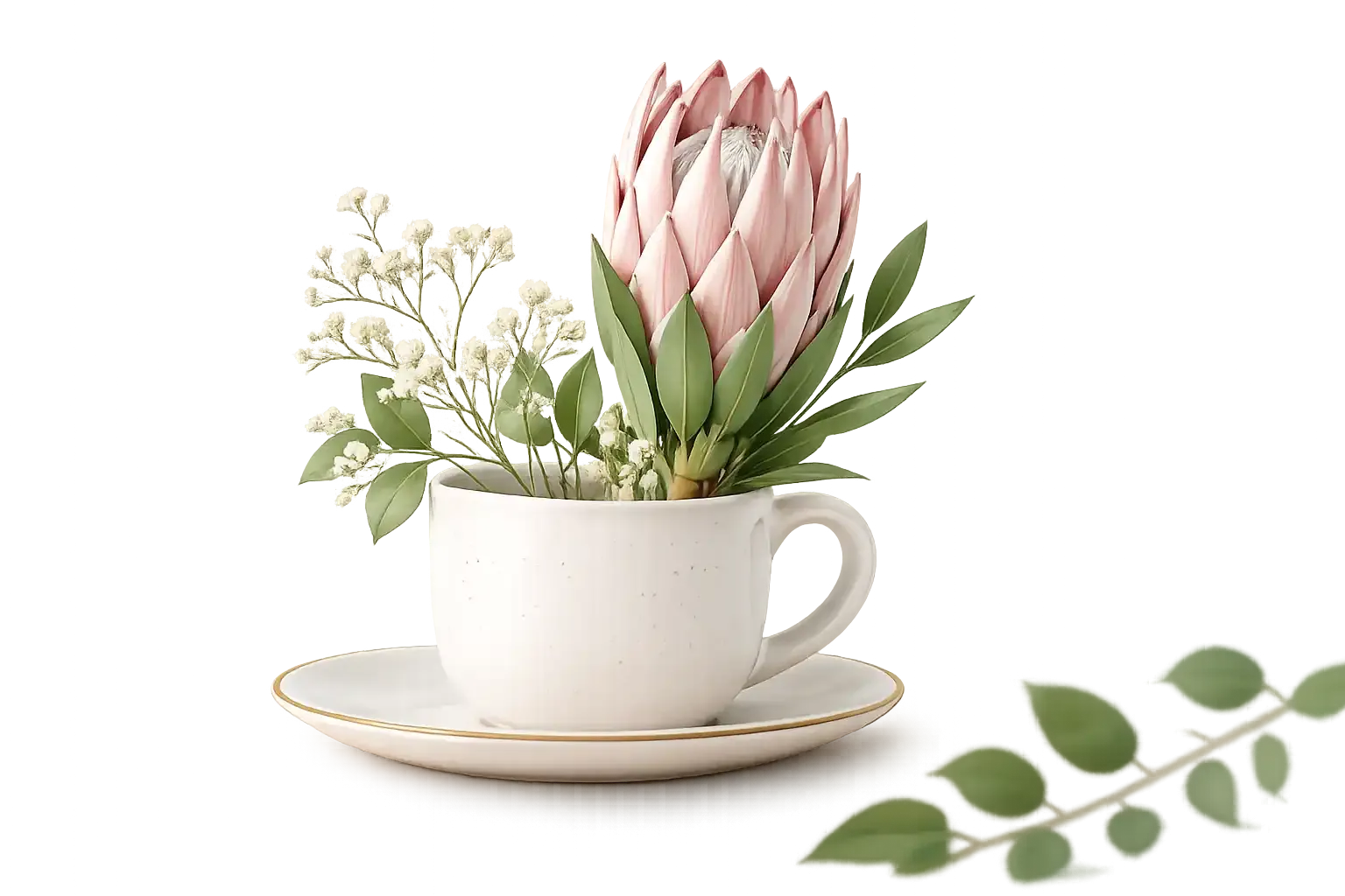 A white coffee cup holding a pink protea and greenery